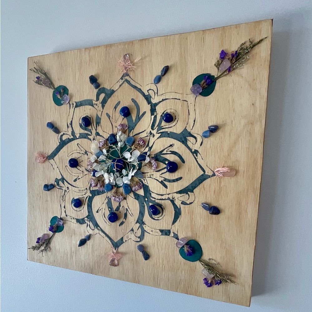 Floral Mandala Wall Art with Blue Lapiz and Rose Quartz.